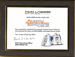 Сертификат за успешное прохождение "Product Service Training" и получение статуса "Authorized Service Center" AMD LASERS, 1 февраля 2015